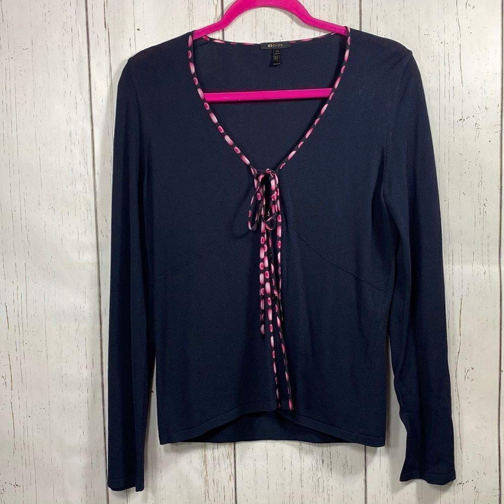 Escada Womens V Neck Trimmed Blue Pink Button Down Cardigan